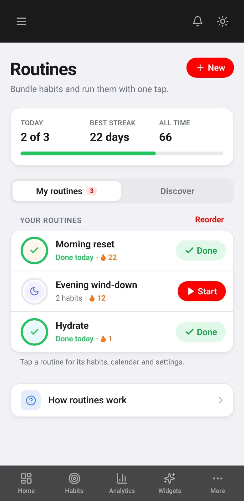 Habit Nova Routines screen