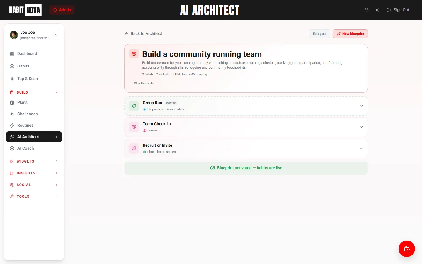 Screenshot: Generated blueprint view — habits, stacking, widget pairings (desktop)