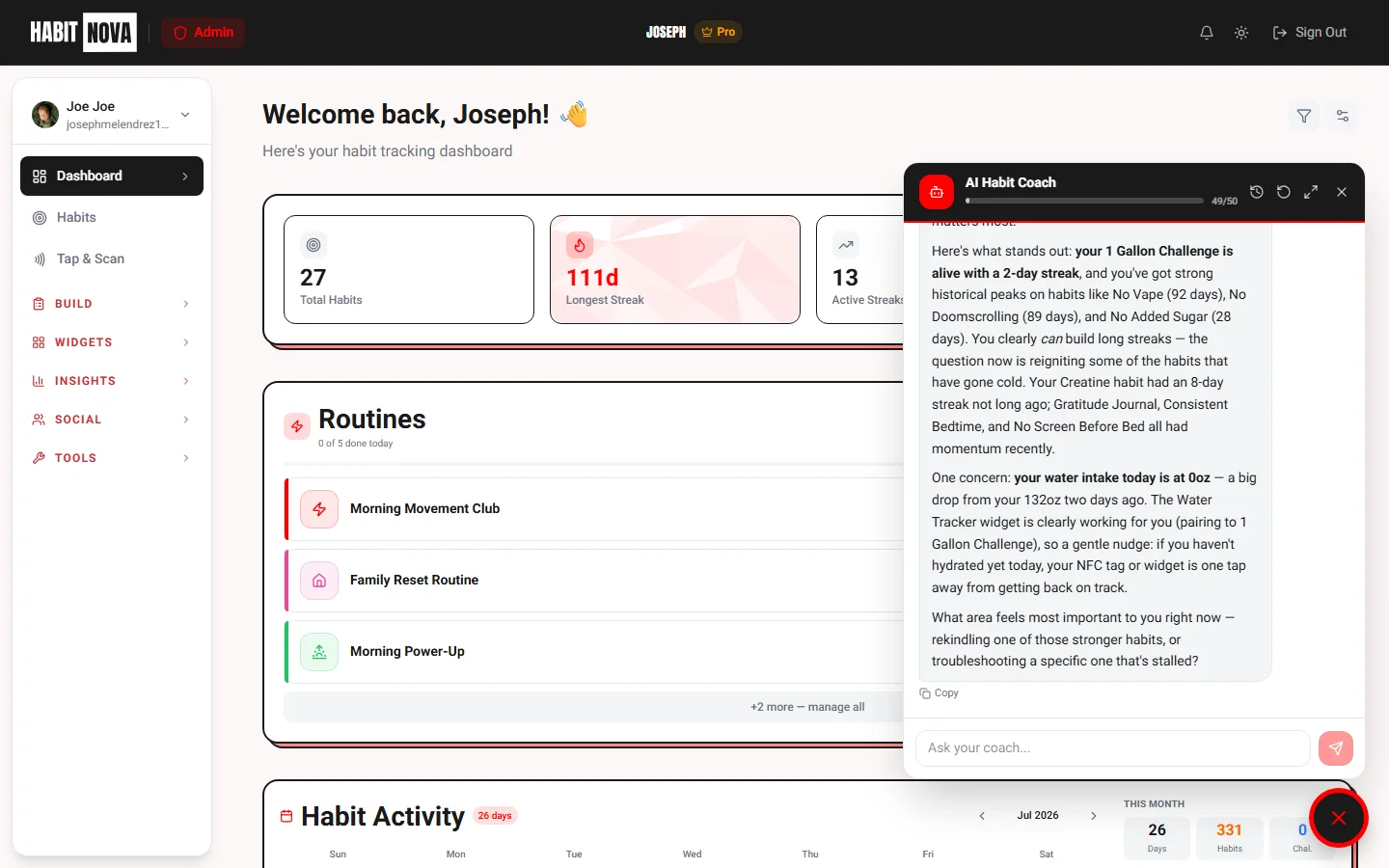 Screenshot: AI coaching panel — insights and suggestions (desktop)
