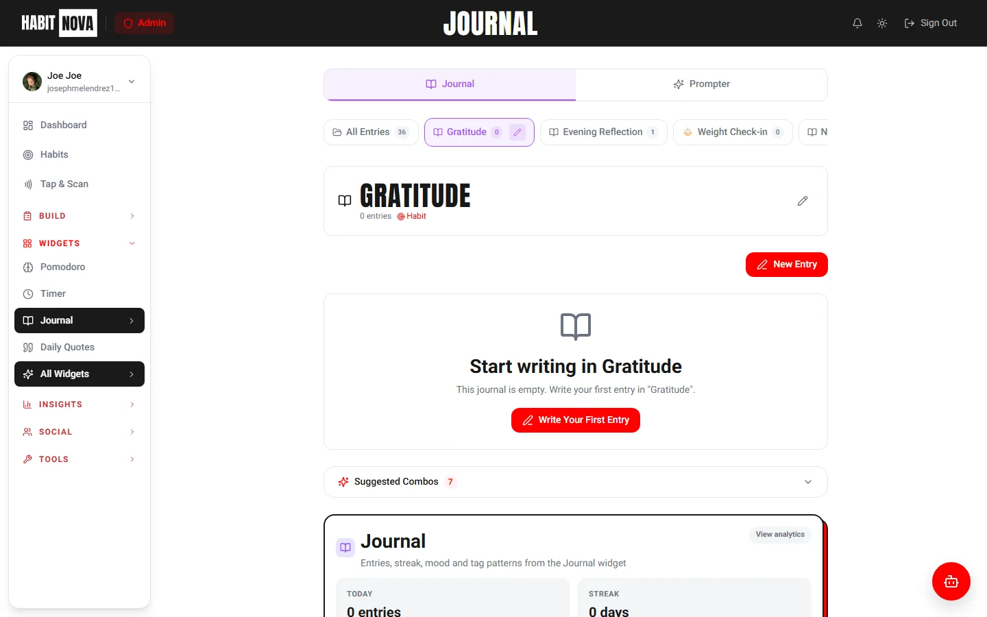 Screenshot: Journal widget — mood tracking & daily entry (desktop)