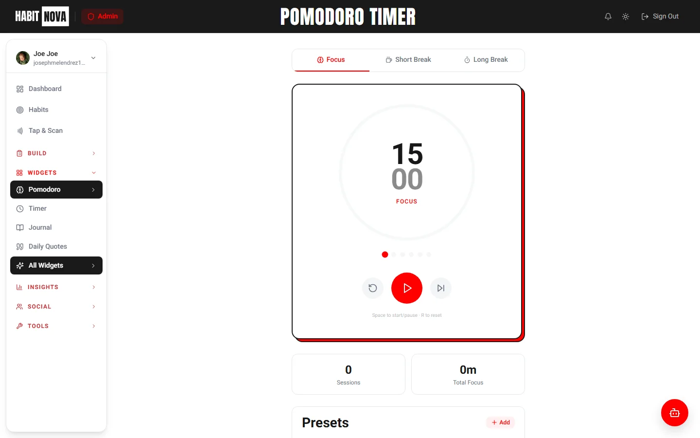 Screenshot: Using Pomodoro widget (desktop)