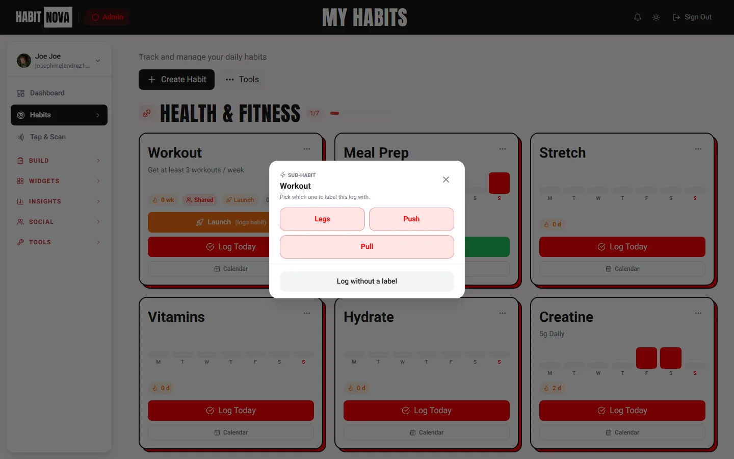 Screenshot: sub-habit picker — Push/Pull/Legs chips on log (desktop)